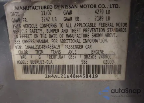 2008 Nissan Altima 2.5 S from USA, damaged, VIN 1N4AL21E48N458419